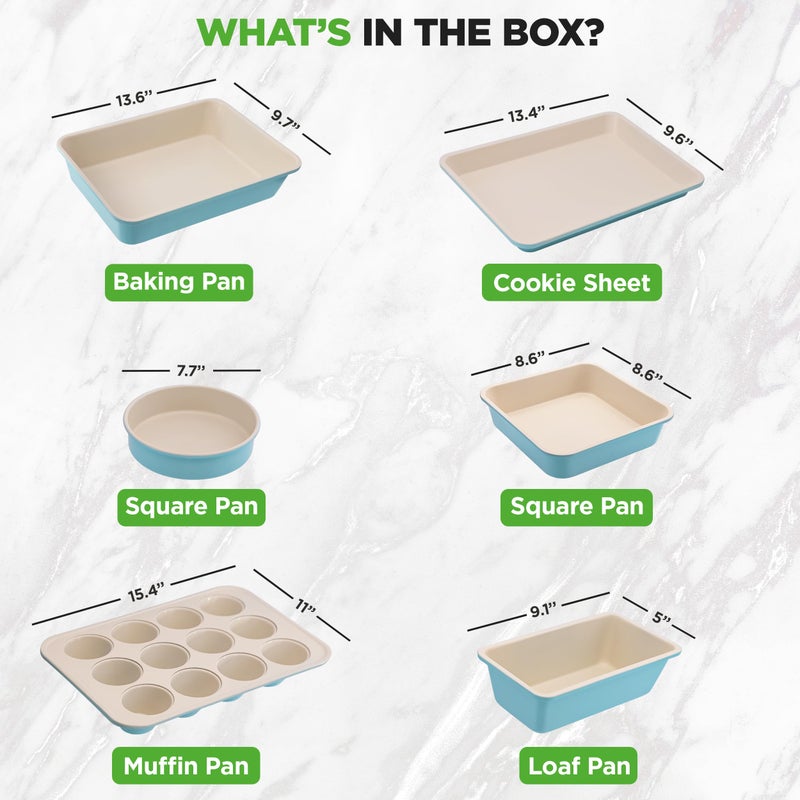 NutriChef 6-Piece Baking Pan Set, Premium Carbon Steel Bakeware with Durable Ceramic Non-Stick Coating - Includes Wide Baking Pan, Medium Size Cookie Sheet, Muffin Pan, Cake & Loaf Pan - Turquoise - Image 4